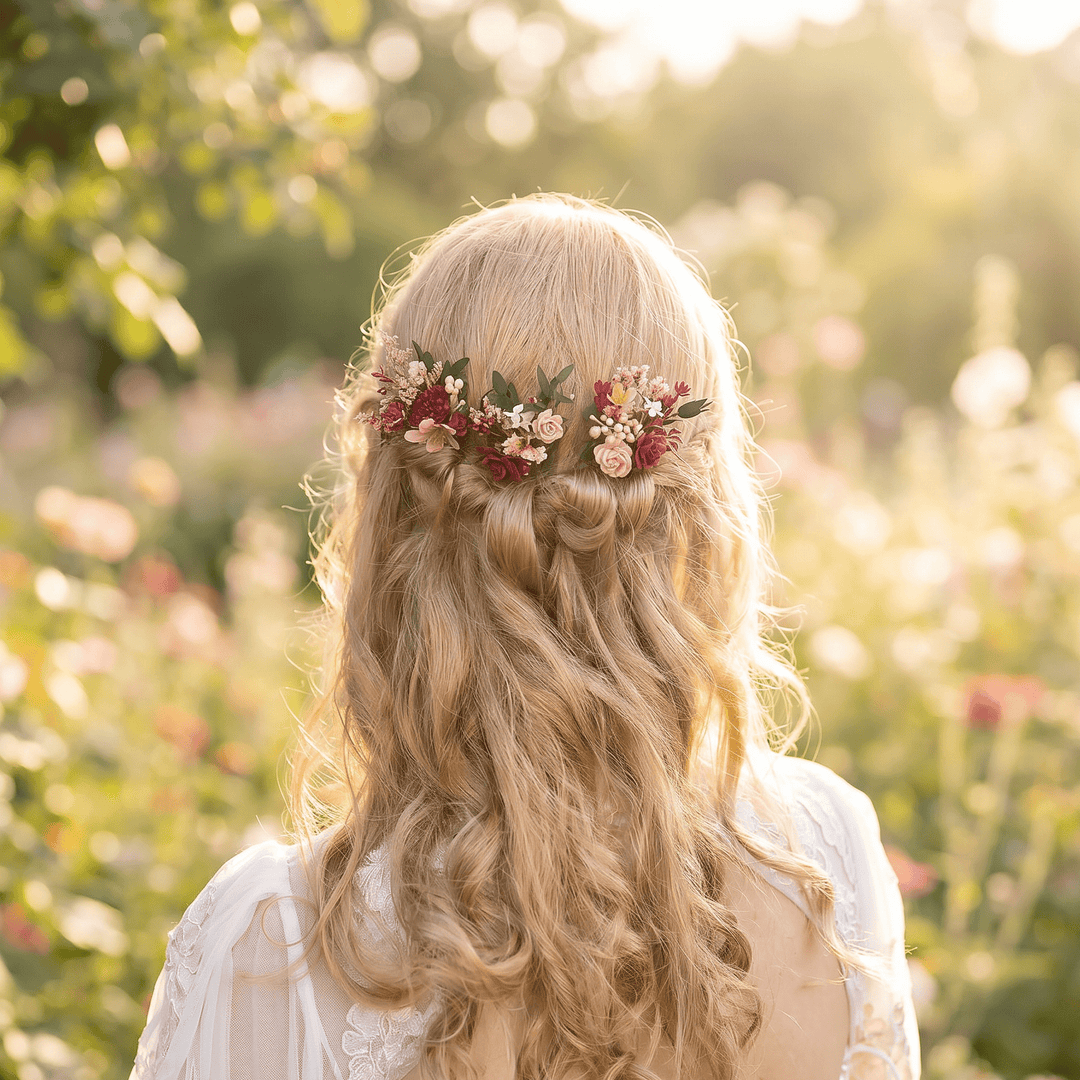 Rustic Burgundy Flower Hair Pins: Cottagecore Bridal Bobby Pins – handmade floral hair accessory by magaela
