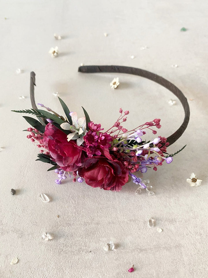 Handmade Burgundy Rose Headband with Purple Berries and Preserved Greenery – Romantic Floral Hair Accessory – handmade floral hair accessory by magaela