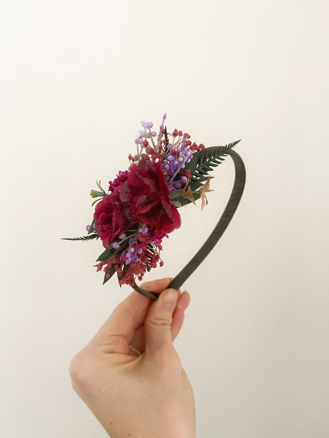 Handmade Burgundy Rose Headband with Purple Berries and Preserved Greenery – Romantic Floral Hair Accessory – handmade floral hair accessory by magaela