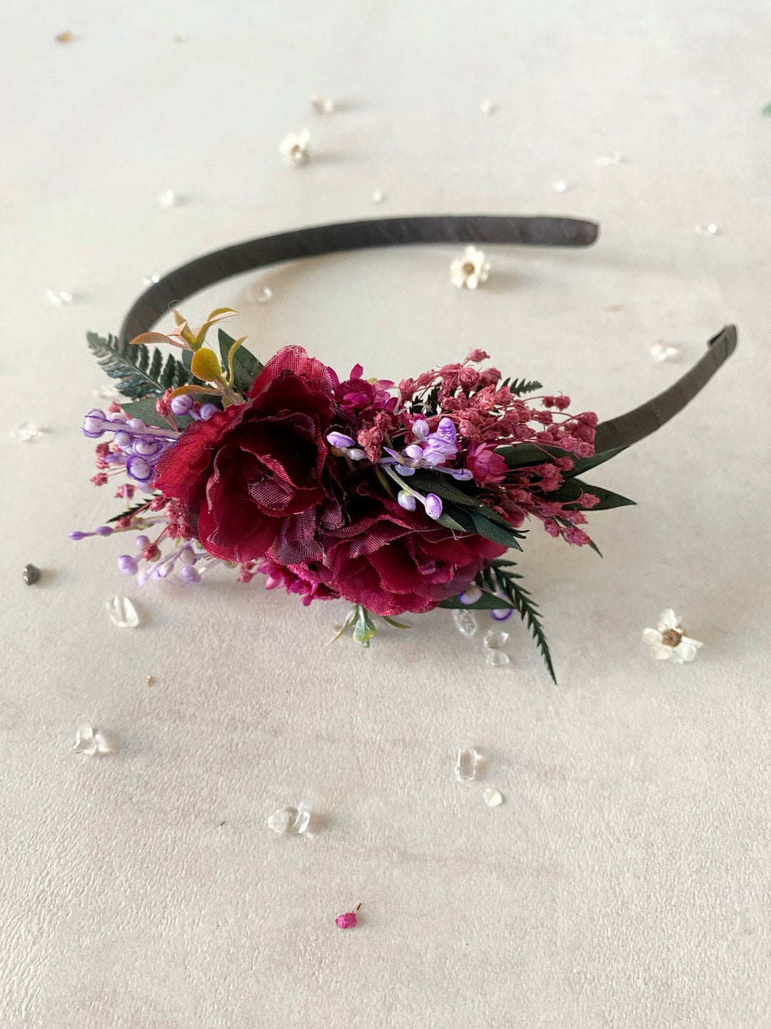 Handmade Burgundy Rose Headband with Purple Berries and Preserved Greenery – Romantic Floral Hair Accessory – handmade floral hair accessory by magaela