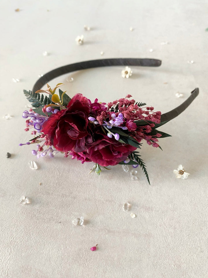 Handmade Burgundy Rose Headband with Purple Berries and Preserved Greenery – Romantic Floral Hair Accessory – handmade floral hair accessory by magaela