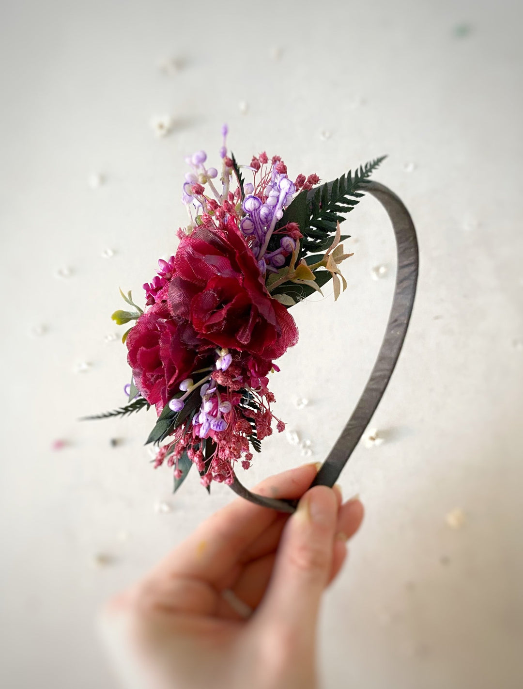 Handmade Burgundy Rose Headband with Purple Berries and Preserved Greenery – Romantic Floral Hair Accessory – handmade floral hair accessory by magaela