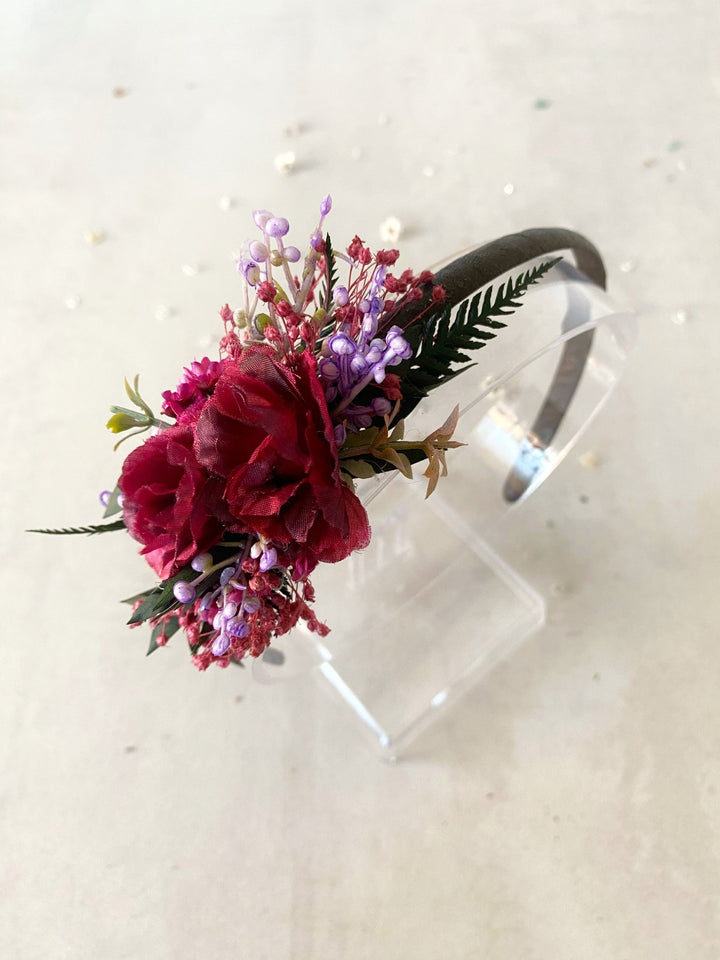 Handmade Burgundy Rose Headband with Purple Berries and Preserved Greenery – Romantic Floral Hair Accessory – handmade floral hair accessory by magaela