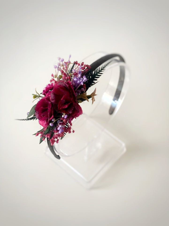 Handmade Burgundy Rose Headband with Purple Berries and Preserved Greenery – Romantic Floral Hair Accessory – handmade floral hair accessory by magaela