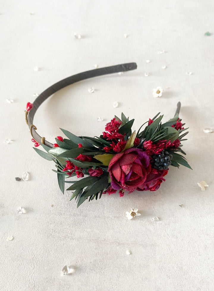Burgundy Woodland Headband - Boho Headpiece with Rosemary, Olive Leaves and Berries – handmade floral hair accessory by magaela