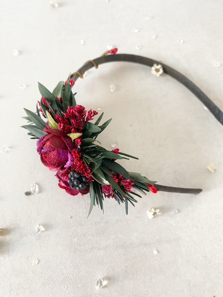 Burgundy Woodland Headband - Boho Headpiece with Rosemary, Olive Leaves and Berries – handmade floral hair accessory by magaela