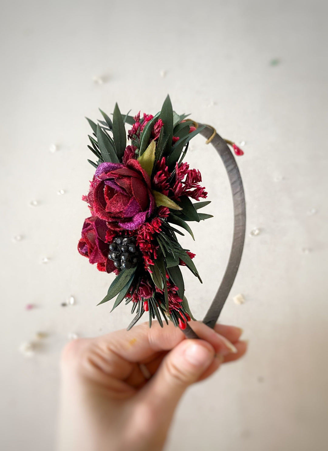 Burgundy Woodland Headband - Boho Headpiece with Rosemary, Olive Leaves and Berries – handmade floral hair accessory by magaela