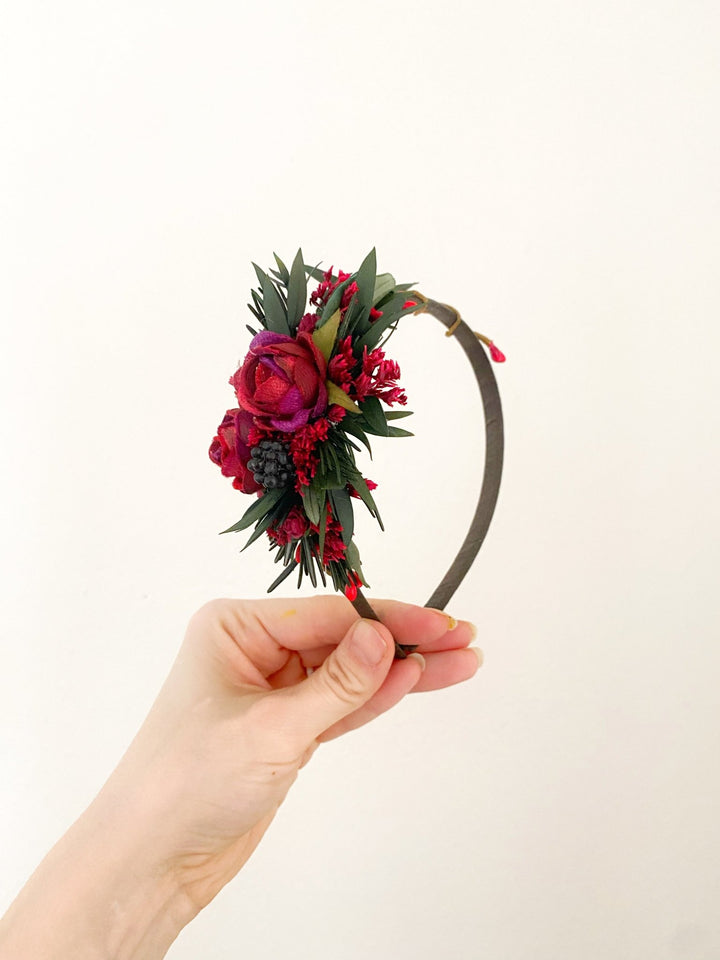 Burgundy Woodland Headband - Boho Headpiece with Rosemary, Olive Leaves and Berries – handmade floral hair accessory by magaela