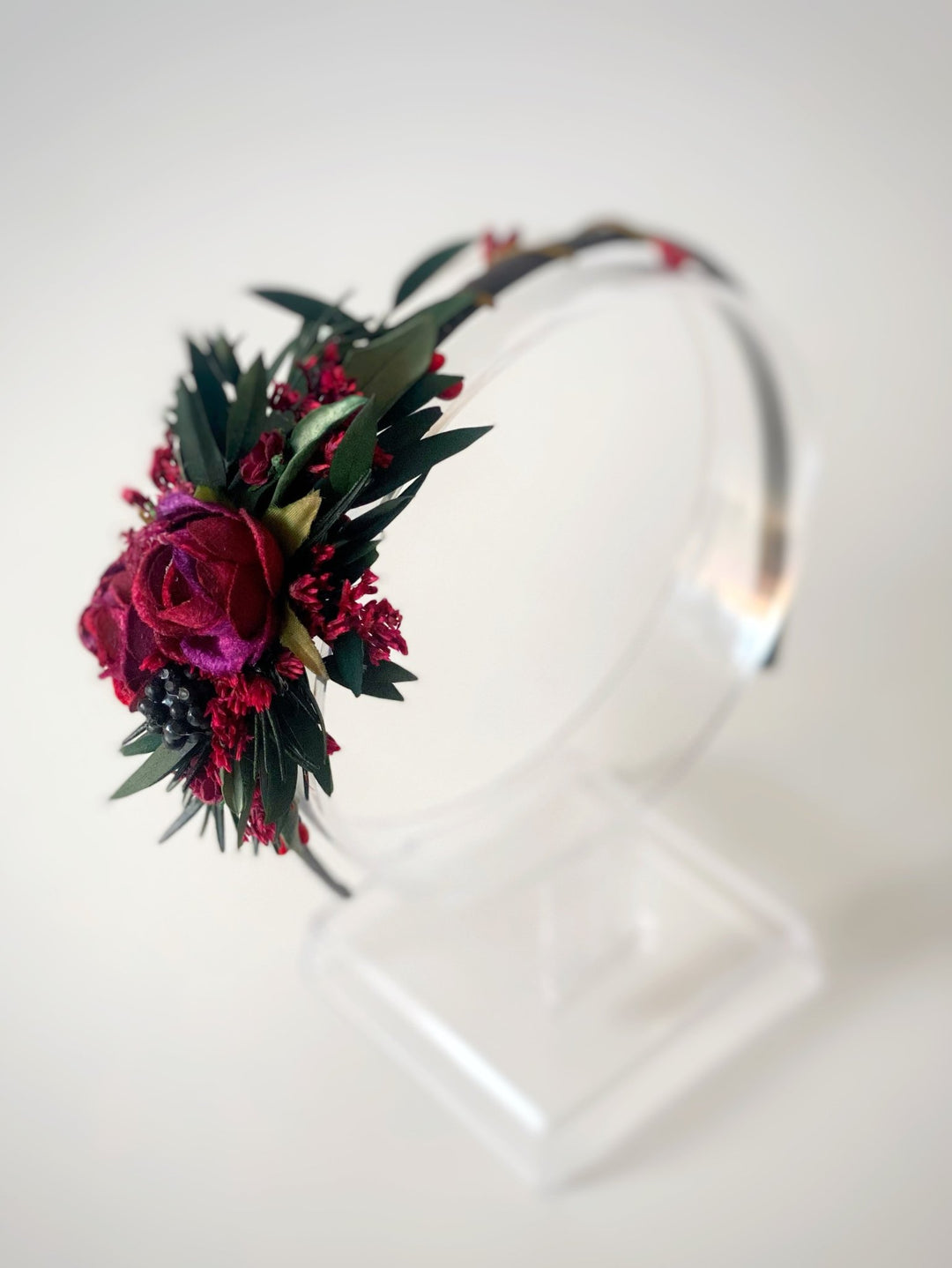 Burgundy Woodland Headband - Boho Headpiece with Rosemary, Olive Leaves and Berries – handmade floral hair accessory by magaela