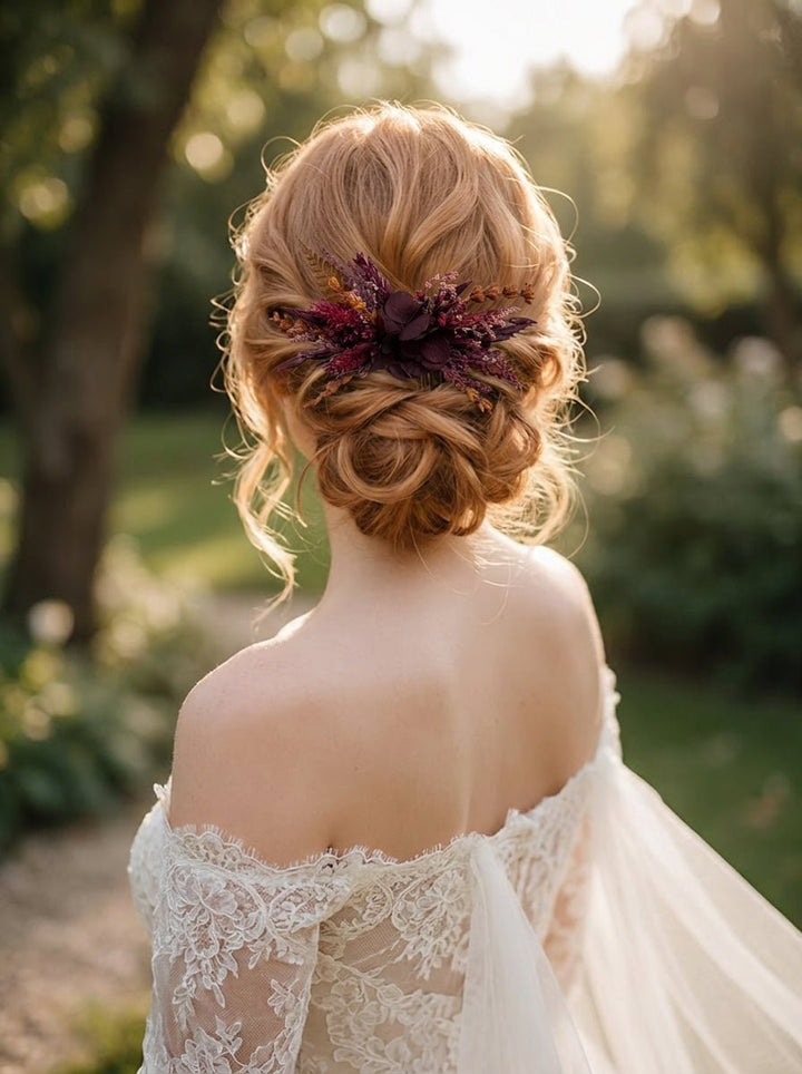 Dried Flower Burgundy Hair Comb | Hydrangea, Lavender and Grasses – handmade floral hair accessory by magaela