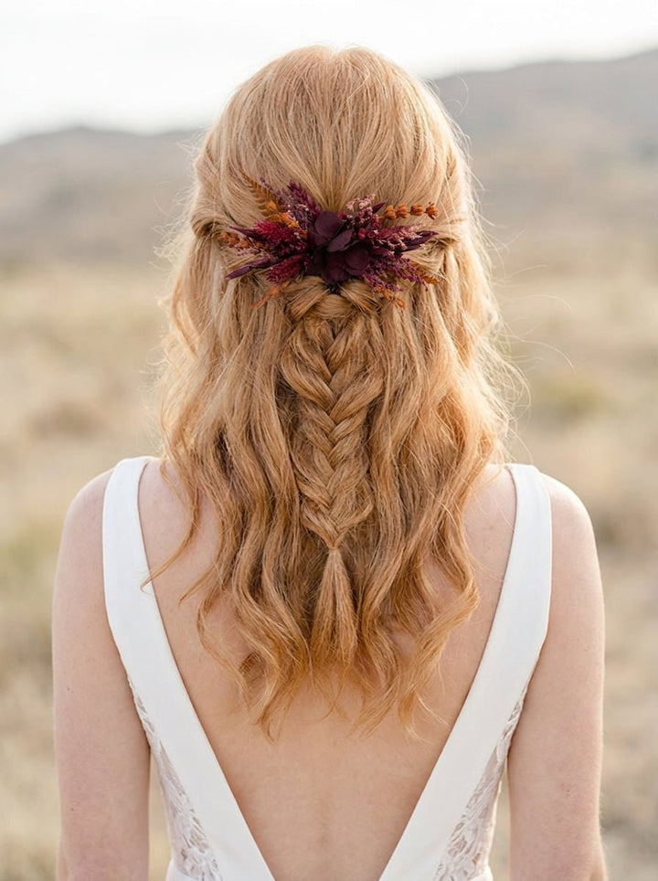 Dried Flower Burgundy Hair Comb | Hydrangea, Lavender and Grasses – handmade floral hair accessory by magaela