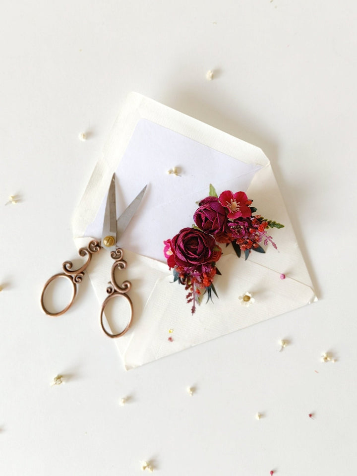 Burgundy Flower Stud Earrings: Dark Red Wedding Jewelry – handmade floral hair accessory by magaela