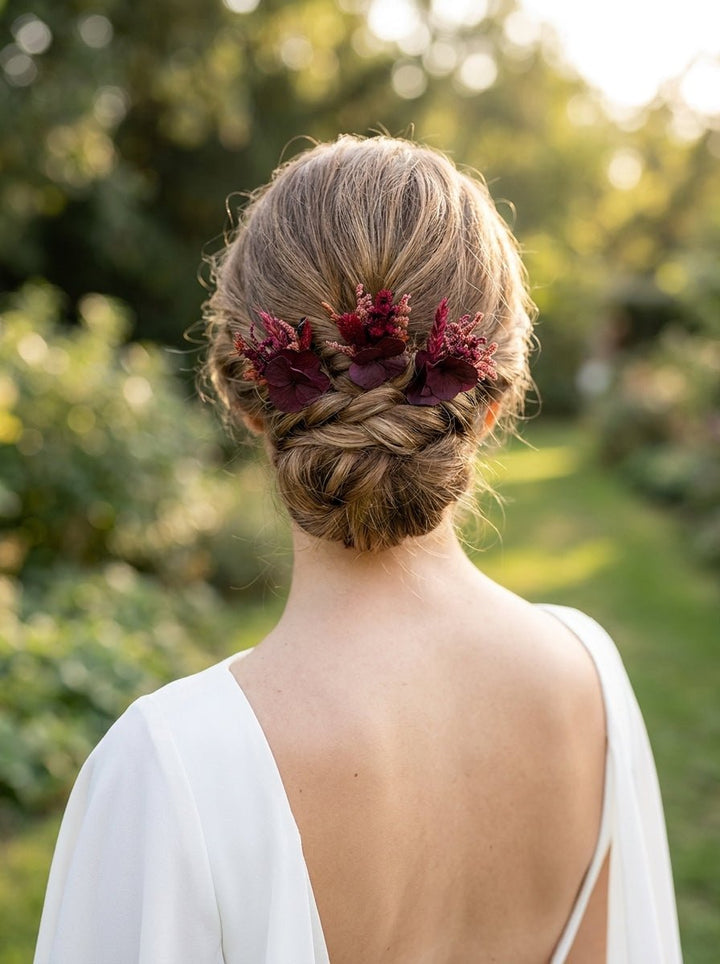 Burgundy Hydrangea Hair Pins | Bridal Hair Accessories – handmade floral hair accessory by magaela