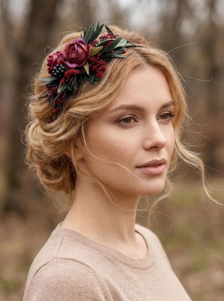 Burgundy Woodland Headband - Boho Headpiece with Rosemary, Olive Leaves and Berries – handmade floral hair accessory by magaela