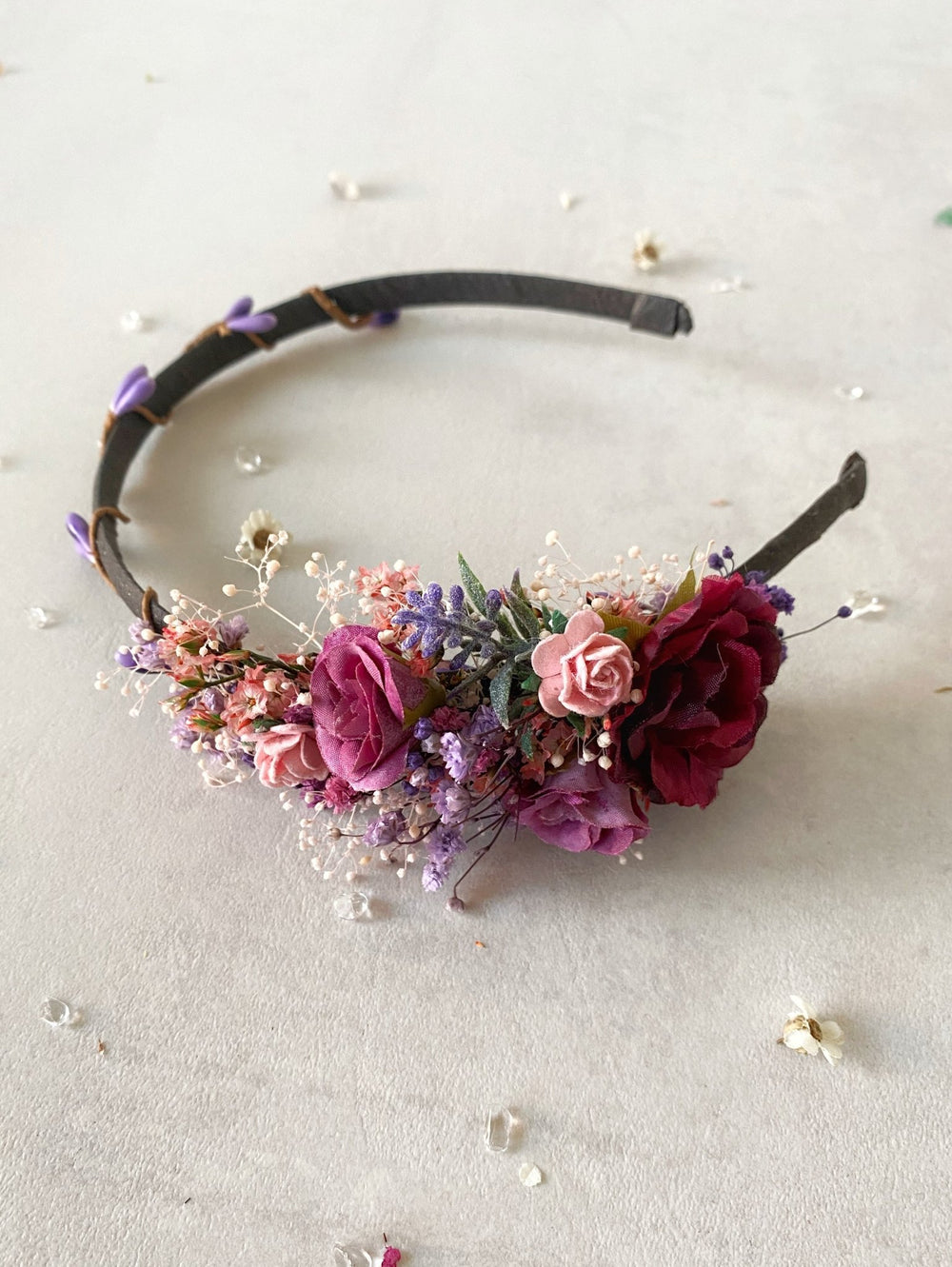 Handmade Burgundy, Pink and Lilac Rose Headband with Lavender and Preserved Gypsophila – Romantic Twilight Floral Hair Accessory – handmade floral hair accessory by magaela
