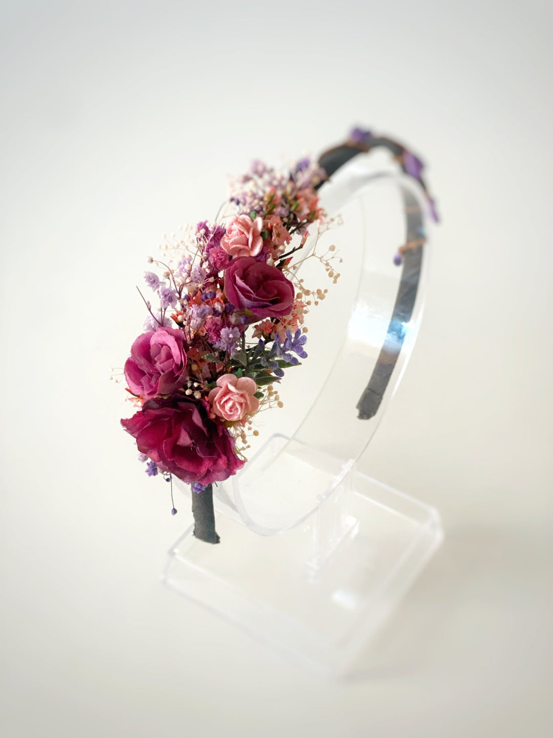 Handmade Burgundy, Pink and Lilac Rose Headband with Lavender and Preserved Gypsophila – Romantic Twilight Floral Hair Accessory – handmade floral hair accessory by magaela