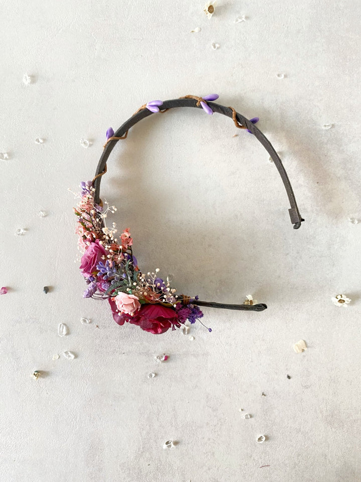 Handmade Burgundy, Pink and Lilac Rose Headband with Lavender and Preserved Gypsophila – Romantic Twilight Floral Hair Accessory – handmade floral hair accessory by magaela