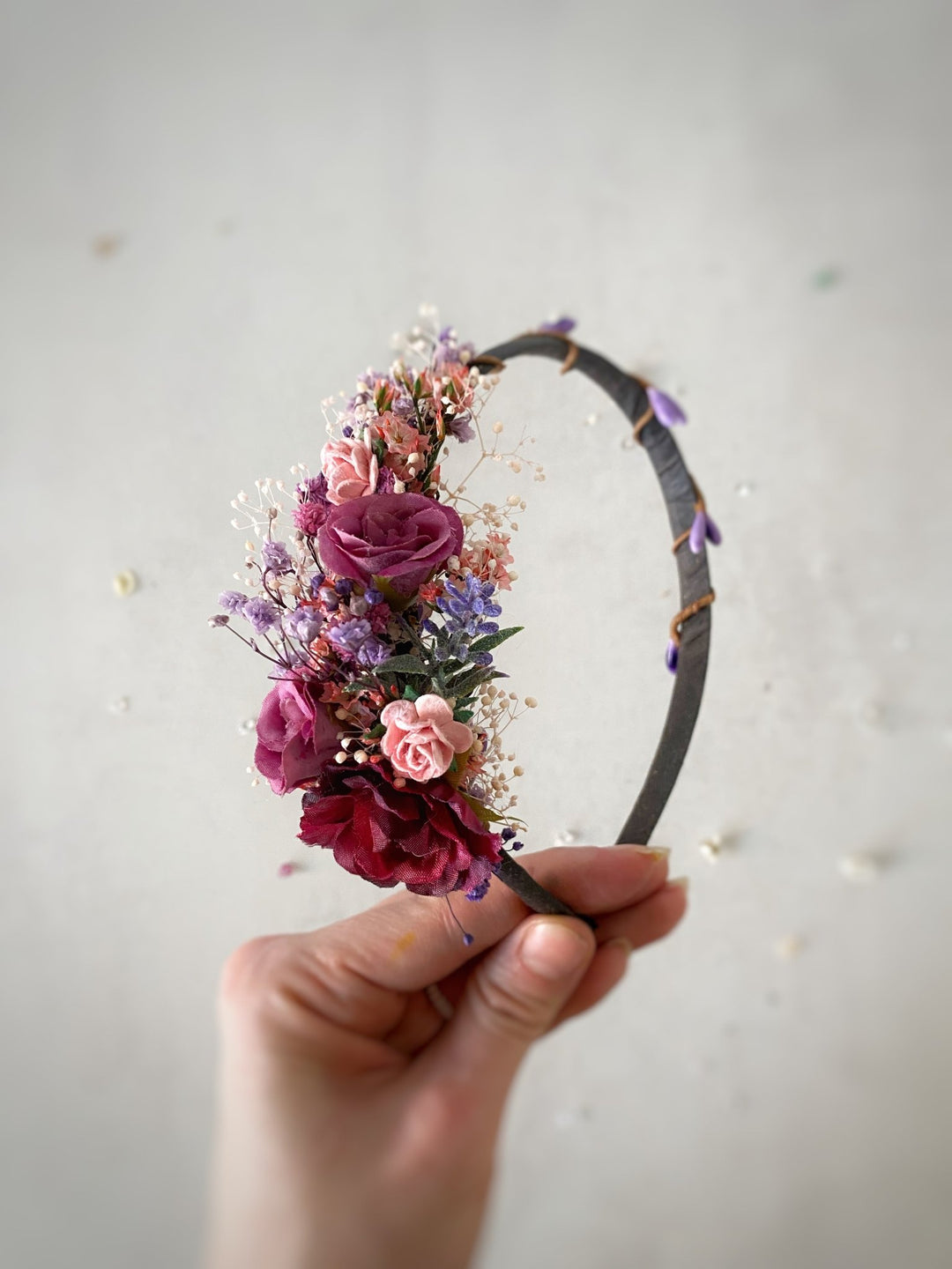 Handmade Burgundy, Pink and Lilac Rose Headband with Lavender and Preserved Gypsophila – Romantic Twilight Floral Hair Accessory – handmade floral hair accessory by magaela