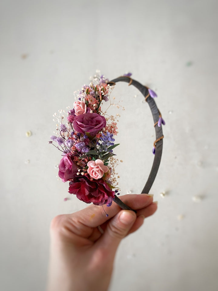 Handmade Burgundy, Pink and Lilac Rose Headband with Lavender and Preserved Gypsophila – Romantic Twilight Floral Hair Accessory – handmade floral hair accessory by magaela