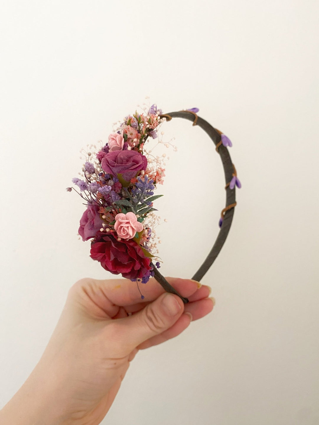 Handmade Burgundy, Pink and Lilac Rose Headband with Lavender and Preserved Gypsophila – Romantic Twilight Floral Hair Accessory – handmade floral hair accessory by magaela