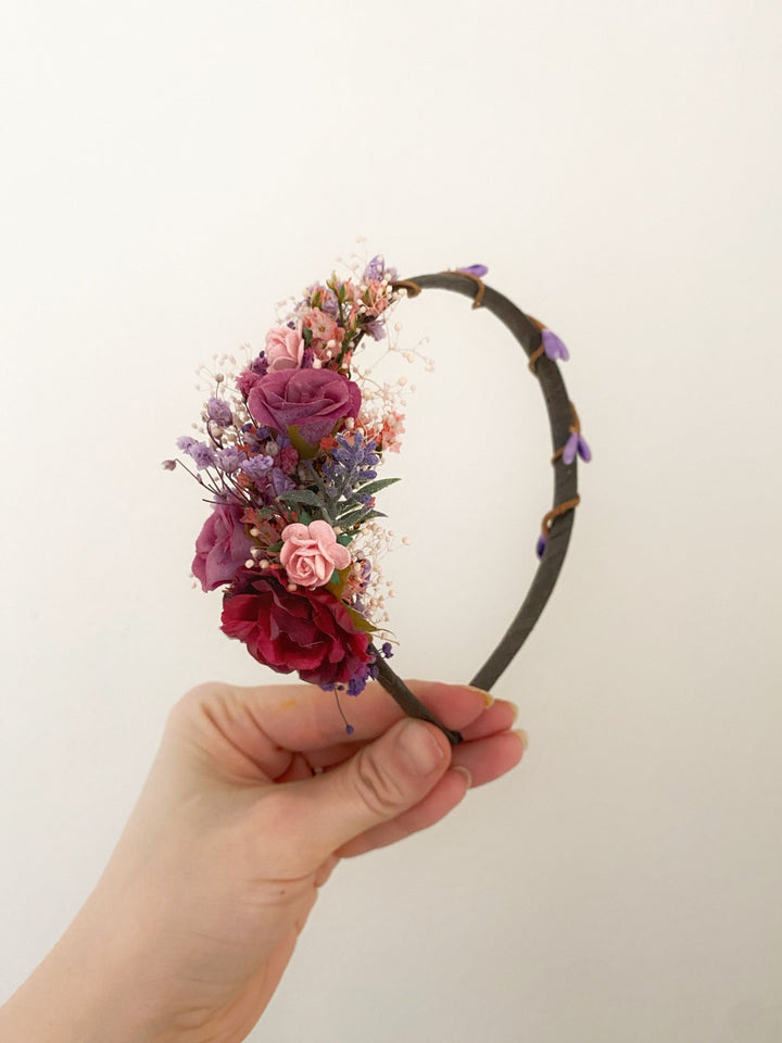 Handmade Burgundy, Pink and Lilac Rose Headband with Lavender and Preserved Gypsophila – Romantic Twilight Floral Hair Accessory – handmade floral hair accessory by magaela