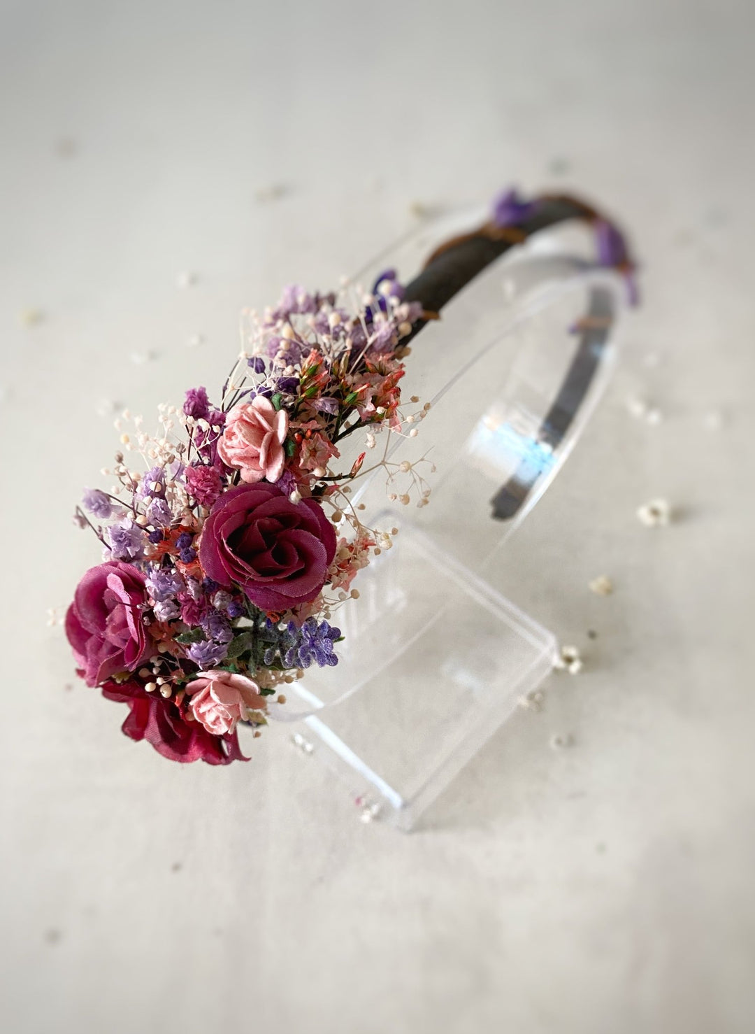 Handmade Burgundy, Pink and Lilac Rose Headband with Lavender and Preserved Gypsophila – Romantic Twilight Floral Hair Accessory – handmade floral hair accessory by magaela