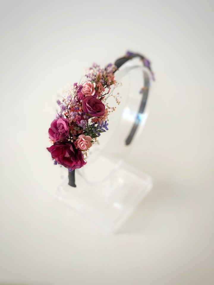 Handmade Burgundy, Pink and Lilac Rose Headband with Lavender and Preserved Gypsophila – Romantic Twilight Floral Hair Accessory – handmade floral hair accessory by magaela