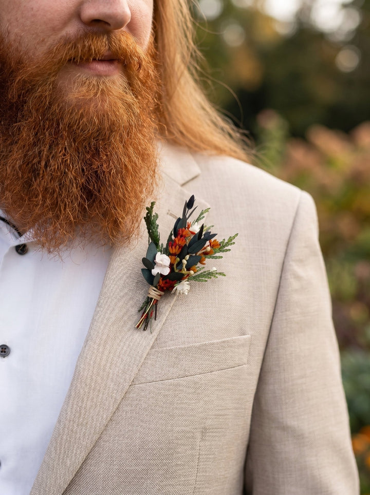 Fall Wedding Boutonniere: Burnt Orange Groomsmen Corsage – handmade floral hair accessory by magaela