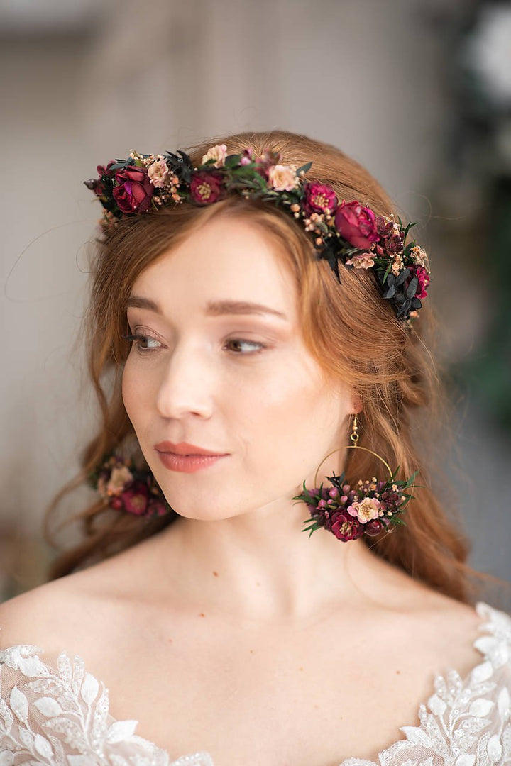 Burgundy Woodland Bridal Set – Bouquet, Bridesmaid Bouquet, Boutonniere, Hair Comb, Earrings, Half Crown and Belt – handmade floral hair accessory by magaela