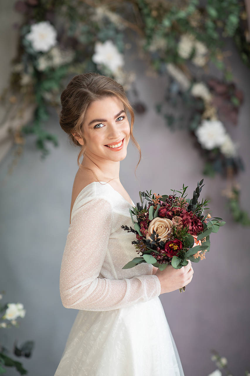 Burgundy Woodland Bridal Set – Bouquet, Bridesmaid Bouquet, Boutonniere, Hair Comb, Earrings, Half Crown and Belt – handmade floral hair accessory by magaela
