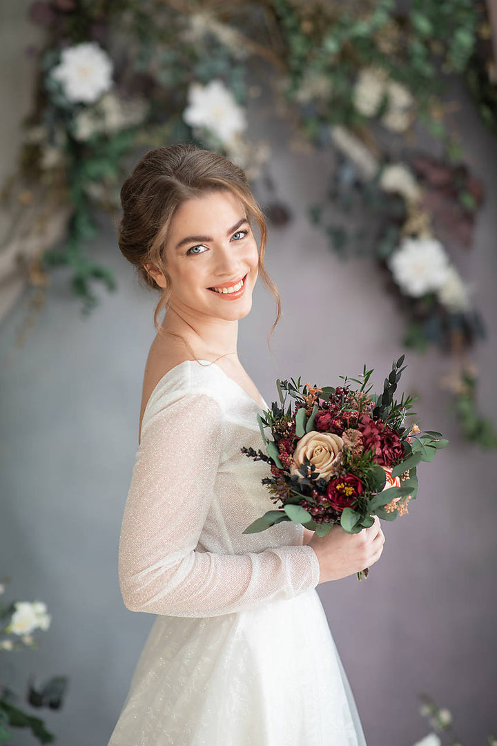 Burgundy Woodland Bridal Set – Bouquet, Bridesmaid Bouquet, Boutonniere, Hair Comb, Earrings, Half Crown and Belt – handmade floral hair accessory by magaela