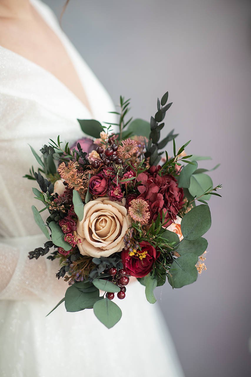 Burgundy Woodland Bridal Set – Bouquet, Bridesmaid Bouquet, Boutonniere, Hair Comb, Earrings, Half Crown and Belt – handmade floral hair accessory by magaela