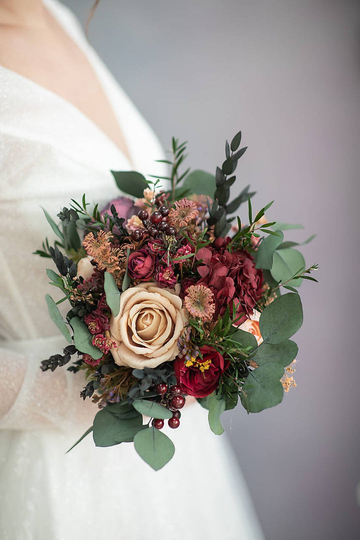 Burgundy Woodland Bridal Set – Bouquet, Bridesmaid Bouquet, Boutonniere, Hair Comb, Earrings, Half Crown and Belt – handmade floral hair accessory by magaela
