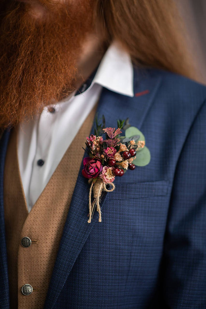 Burgundy Woodland Bridal Set – Bouquet, Bridesmaid Bouquet, Boutonniere, Hair Comb, Earrings, Half Crown and Belt – handmade floral hair accessory by magaela