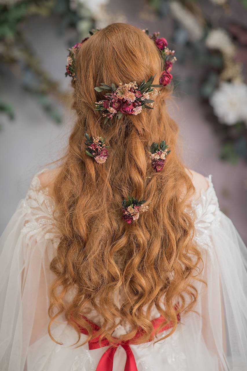 Burgundy Woodland Bridal Set – Bouquet, Bridesmaid Bouquet, Boutonniere, Hair Comb, Earrings, Half Crown and Belt – handmade floral hair accessory by magaela