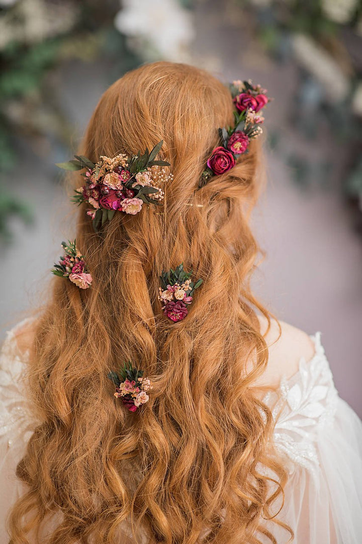 Burgundy Woodland Bridal Set – Bouquet, Bridesmaid Bouquet, Boutonniere, Hair Comb, Earrings, Half Crown and Belt – handmade floral hair accessory by magaela
