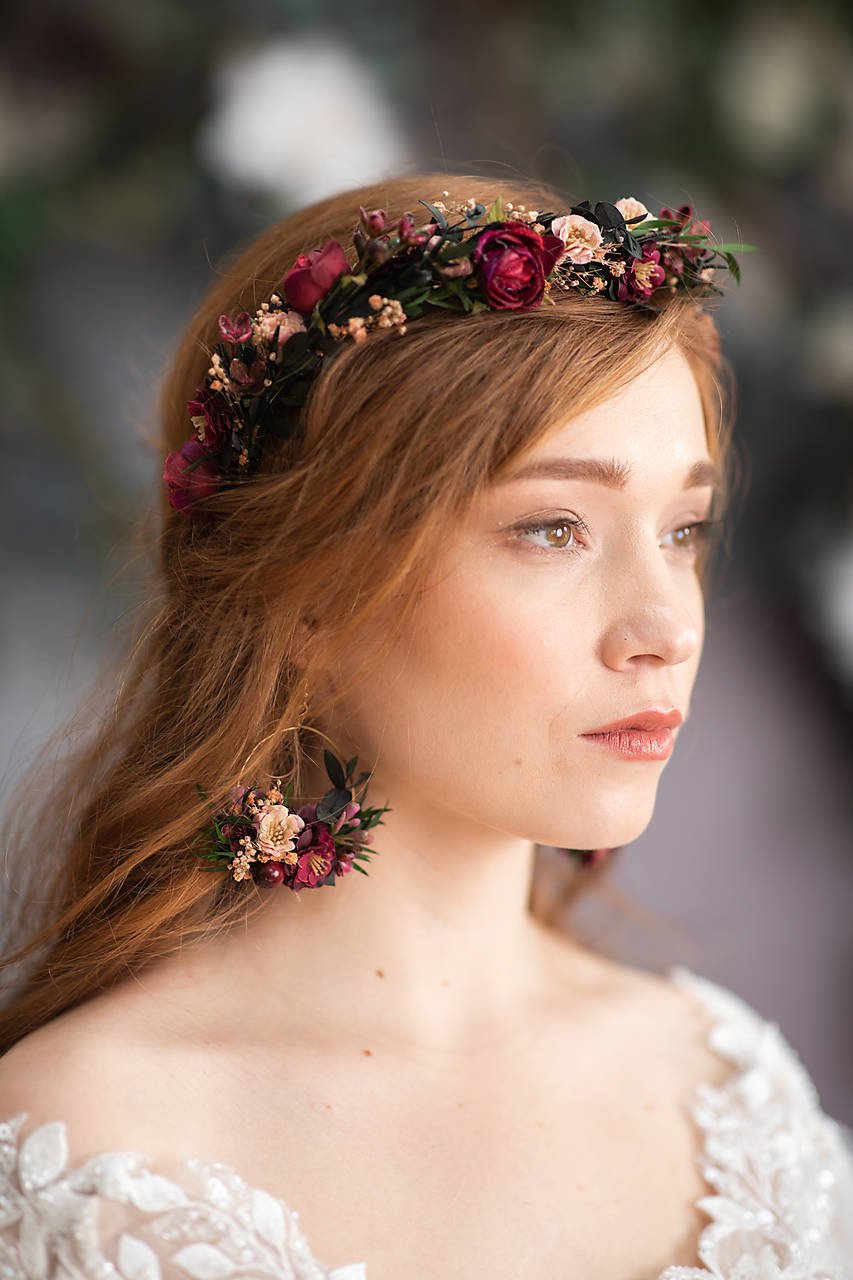 Burgundy Woodland Bridal Set – Bouquet, Bridesmaid Bouquet, Boutonniere, Hair Comb, Earrings, Half Crown and Belt – handmade floral hair accessory by magaela