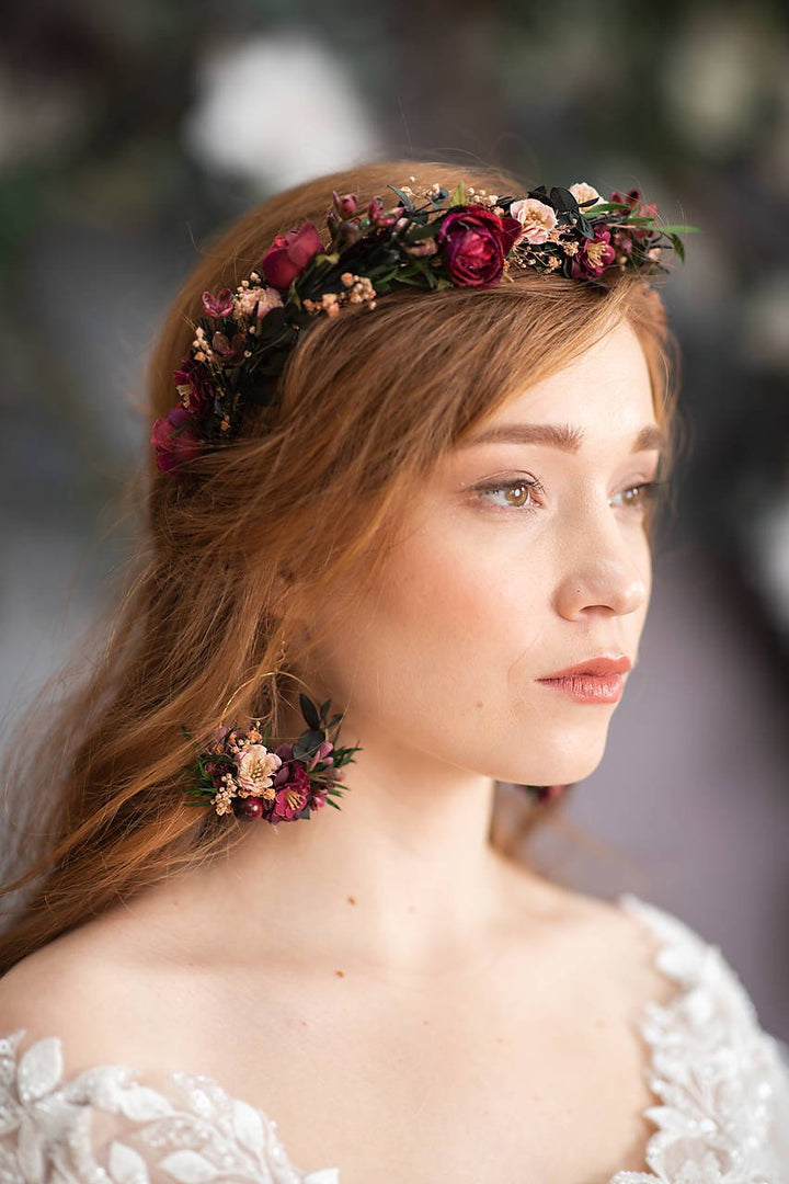 Burgundy Woodland Bridal Set – Bouquet, Bridesmaid Bouquet, Boutonniere, Hair Comb, Earrings, Half Crown and Belt – handmade floral hair accessory by magaela