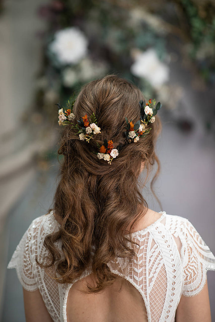 Terracotta Wedding Flower Set: Bridal Hair Comb & Boutonniere – handmade floral hair accessory by magaela