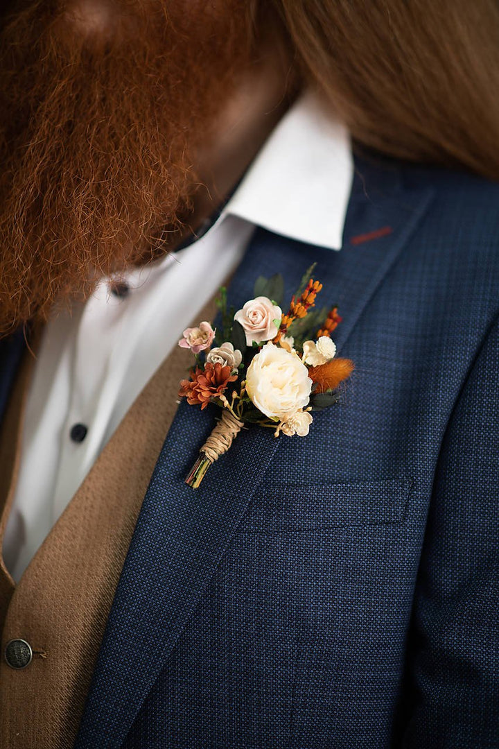 Terracotta Wedding Flower Set: Bridal Hair Comb & Boutonniere – handmade floral hair accessory by magaela