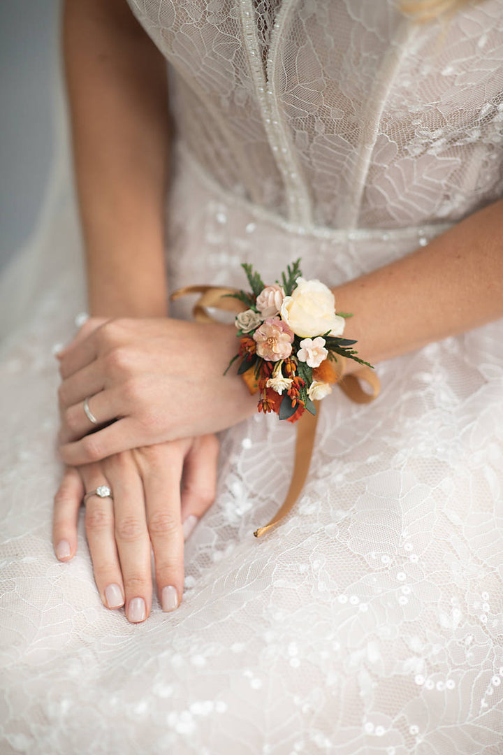 Terracotta Wedding Flower Set: Bridal Hair Comb & Boutonniere – handmade floral hair accessory by magaela