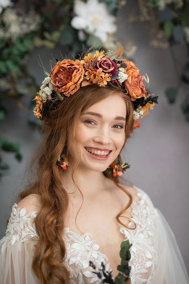 Burnt Orange Boho Bridal Set – Bouquet, Flower Crown, Hoop Earrings and Bridesmaid Bracelets – handmade floral hair accessory by magaela