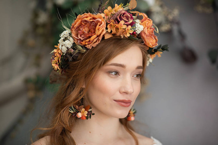 Burnt Orange Boho Bridal Set – Bouquet, Flower Crown, Hoop Earrings and Bridesmaid Bracelets – handmade floral hair accessory by magaela