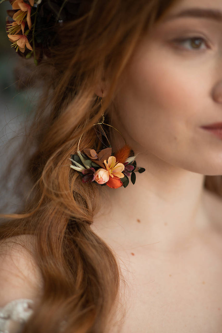 Burnt Orange Boho Bridal Set – Bouquet, Flower Crown, Hoop Earrings and Bridesmaid Bracelets – handmade floral hair accessory by magaela