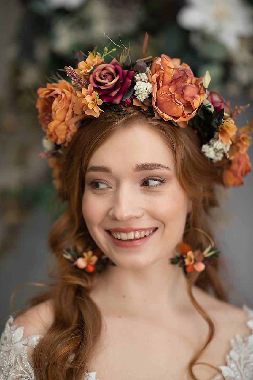 Burnt Orange Boho Bridal Set – Bouquet, Flower Crown, Hoop Earrings and Bridesmaid Bracelets – handmade floral hair accessory by magaela