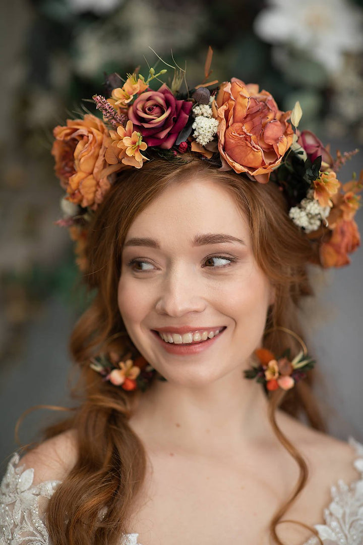 Burnt Orange Boho Bridal Set – Bouquet, Flower Crown, Hoop Earrings and Bridesmaid Bracelets – handmade floral hair accessory by magaela
