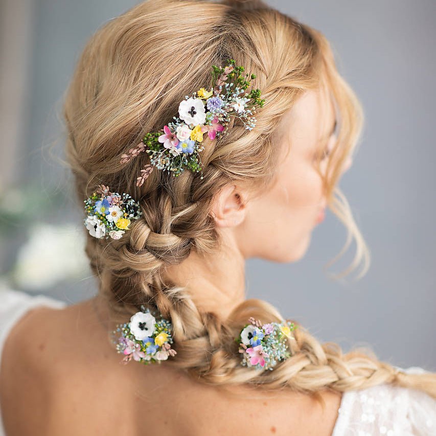 Wildflower Wedding Set – Half Crown, Hair Comb, Hairpins, Bracelet and Boutonnieres in Pastel Colors – handmade floral hair accessory by magaela