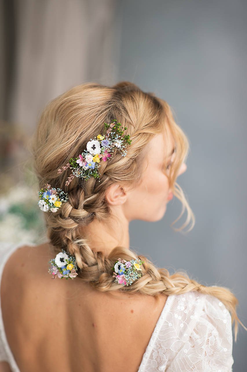 Wildflower Wedding Set – Half Crown, Hair Comb, Hairpins, Bracelet and Boutonnieres in Pastel Colors – handmade floral hair accessory by magaela