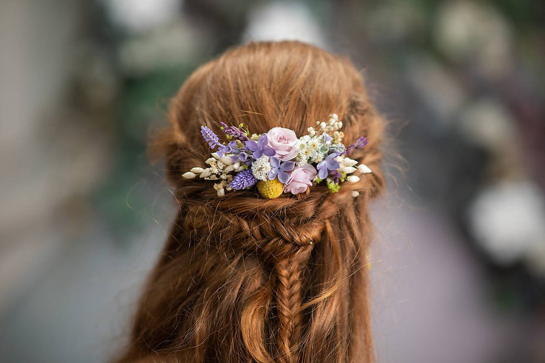 Purple Wildflower Bridal Set – Bouquet, Boutonniere, Hair Comb, Earrings, Bracelet and Garter – handmade floral hair accessory by magaela