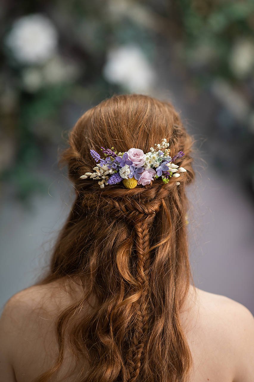 Purple Wildflower Bridal Set – Bouquet, Boutonniere, Hair Comb, Earrings, Bracelet and Garter – handmade floral hair accessory by magaela